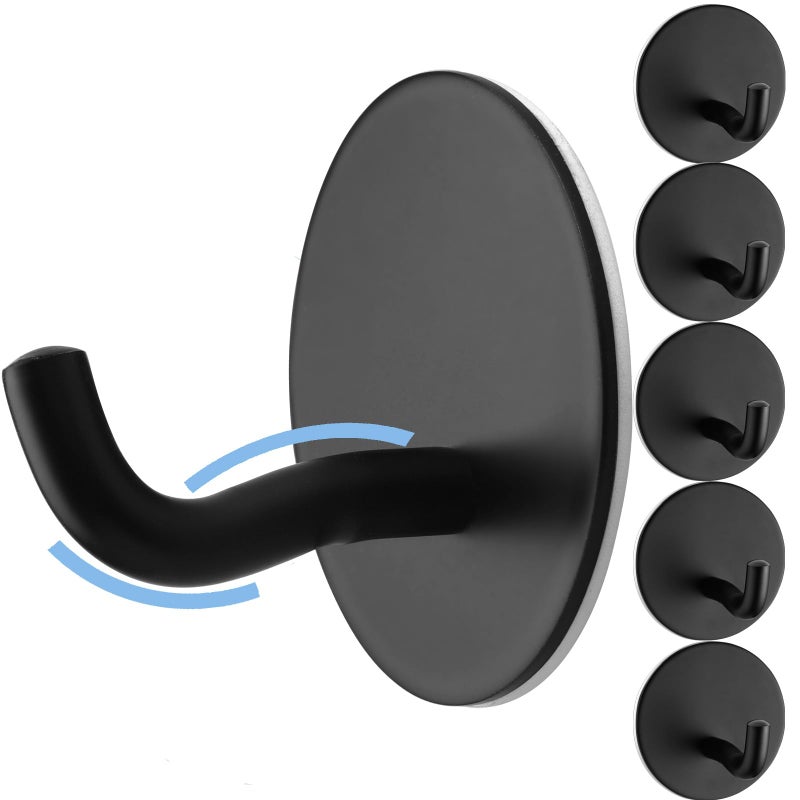 Uvish Matte Black Adhesive Towel Hooks 6 Pack Heavy Duty Wall Hooks for Hanging Robes Loofah Towels Clothes Coat Hooks Stick on Bathroom or Kitchen Stainless Steel