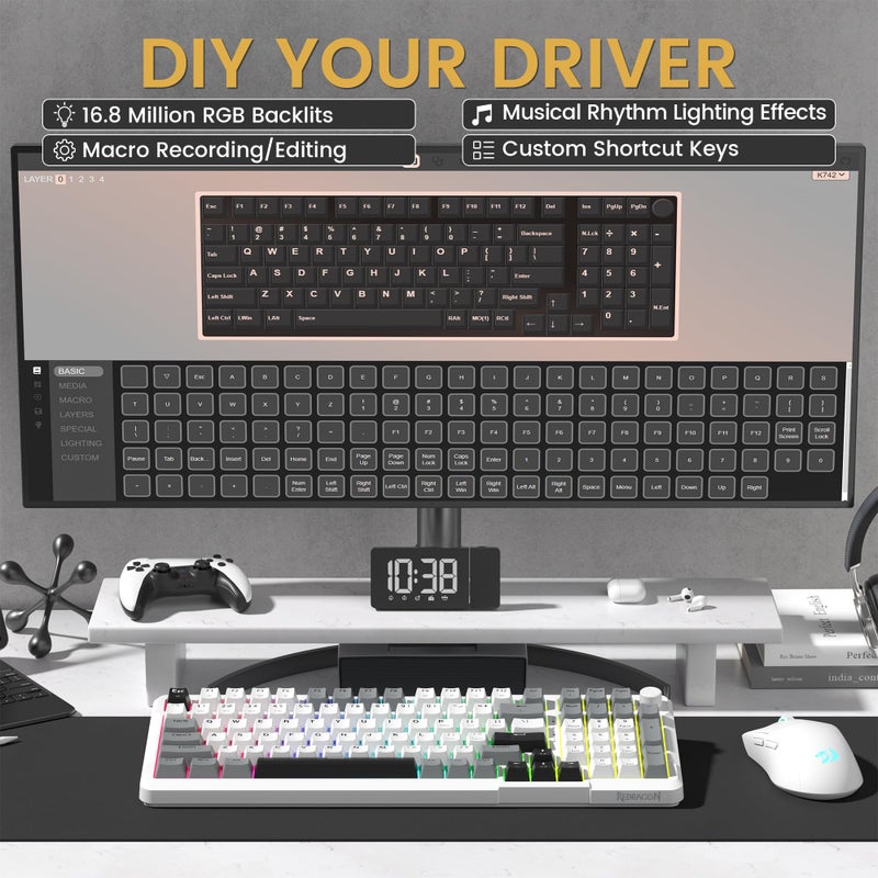 Redragon K742 Wireless Mechanical Gaming Keyboard with Knob, Bluetooth 5.0/2.4GHz/USB C Wired Creamy Keyboard with Number Pad for PC Computer, RGB Backlits, Hot-Swappable with Linear Switches (White) - Image 3