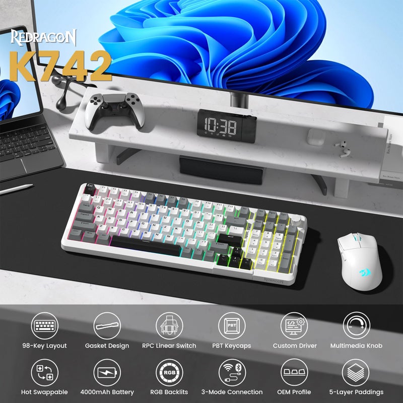 Redragon K742 Wireless Mechanical Gaming Keyboard with Knob, Bluetooth 5.0/2.4GHz/USB C Wired Creamy Keyboard with Number Pad for PC Computer, RGB Backlits, Hot-Swappable with Linear Switches (White) - Image 1