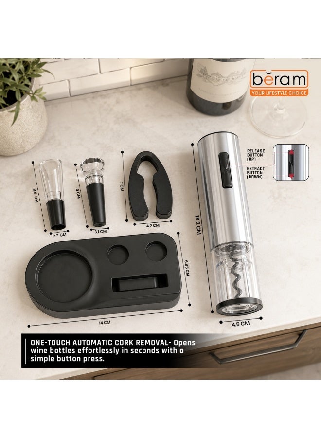 Electric Opener Set, 5 in 1, Automatic Bottle Corkscrew, Rechargeable, Foil Cutter, Wine Pourer, Stopper, Charging Base with Cable - Image 2