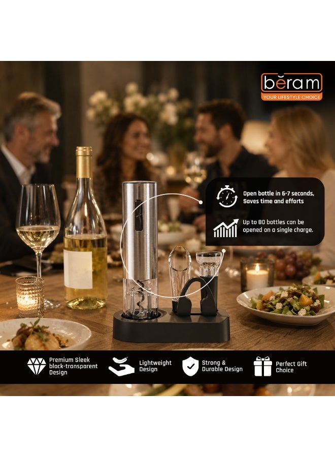 Electric Opener Set, 5 in 1, Automatic Bottle Corkscrew, Rechargeable, Foil Cutter, Wine Pourer, Stopper, Charging Base with Cable - Image 3