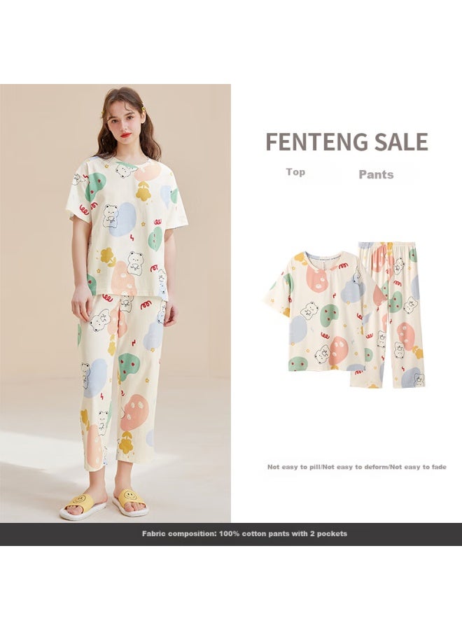 Fenton Fenteng Short Sleeve Women's Summer Pure Cotton Thin Cute Cartoon Loose Plus Size Home Wear Set Apricot L - Image 1