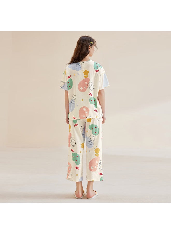 Fenton Fenteng Short Sleeve Women's Summer Pure Cotton Thin Cute Cartoon Loose Plus Size Home Wear Set Apricot L - Image 3