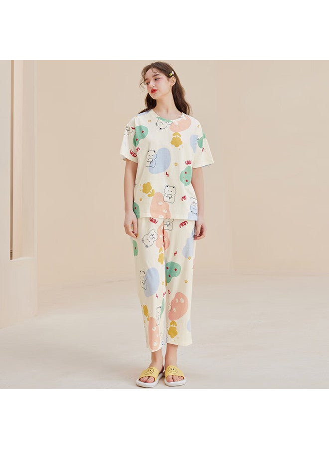 Fenton Fenteng Short Sleeve Women's Summer Pure Cotton Thin Cute Cartoon Loose Plus Size Home Wear Set Apricot L - Image 4