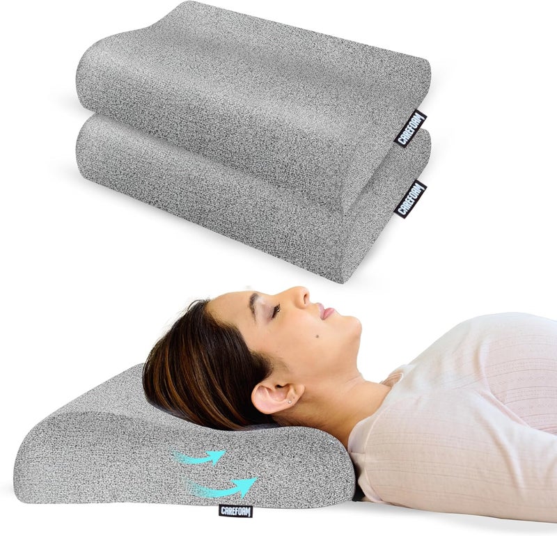 CareFoam وسادة عنق من نوع مصنوعة من إسفنج ذكي، ضمان لمدة سنتين، تخفيف الألم أثناء النوم، تحسين وضعية الجسم وتنظيم العمود الفقري، مقاس 23 × 14 × 4.5 بوصة، غطاء بلون أسود مختلط، عبوة تحتوي على وسادتين. - Image 1