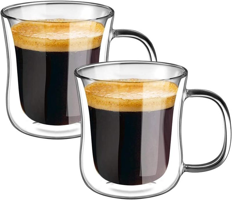 ecooe Espresso Cups 4 Oz Double Walled Glasses Coffee Mugs Set of 2 Clear Glass Coffee Cups with Handle Insulated Coffee Mug Borosilicate Heat Resistant Double Wall Glass Espresso Coffee Cups