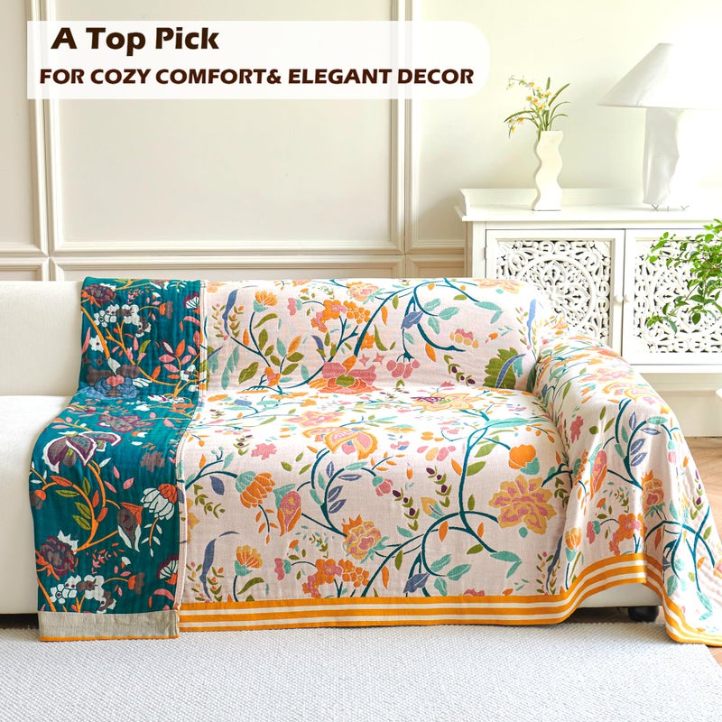VANJOROY Boho Throw Blanket for Bed, 100% Organic Cotton Breathable Ultra Soft 50" x 60" Quilt Beige Throw - All Season Floral Farmhouse Decor Luxury Reversible Blanket for Sofa Couch Chair and Gift - Image 2