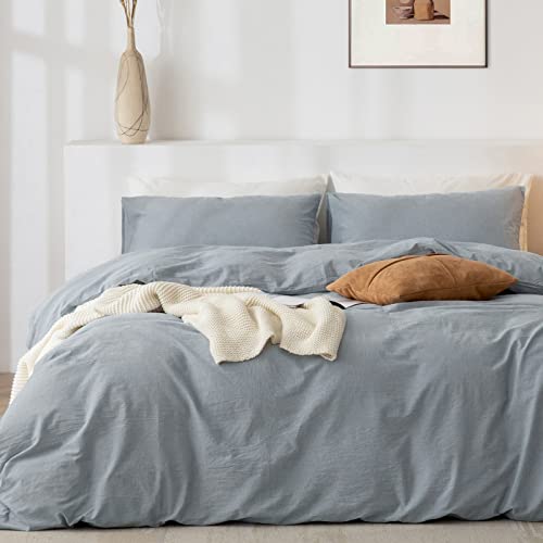 TIPTOE BEAR Queen Duvet Cover Set 100 Washed Cotton 3 Pcs Soft Comfy Breathable Chic Linen Feel Bedding 1 Duvet Cover and 2 Pillow Shams Cornflower Blue