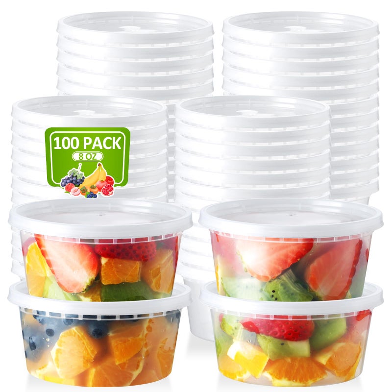 NEEBAKE 100 Set 8 oz Deli-Containers-with-Lids-Airtight-Plastic-Food-Storage-Containers-with-Lids-Soup-Slime-Overnight-Oat-To-Go-Containers - Image 1