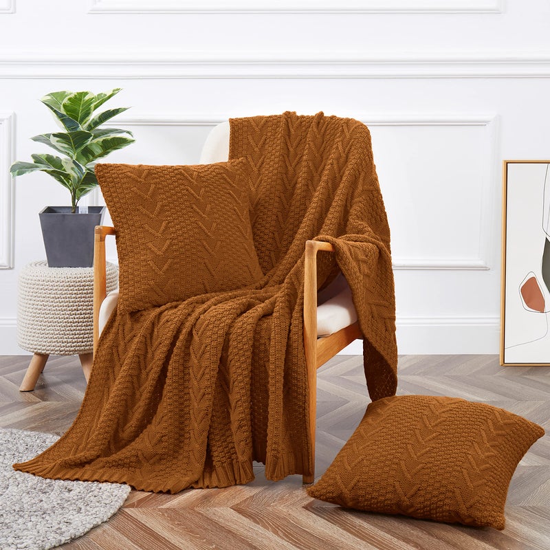Aormenzy Knitted Throw Blanket 50 x 60 and 2 Pillow Covers 18 x 18 3 Piece Rust Brown Throw Blanket Set Decorative Throw Blankets for Couch Sofa Bed Living Room
