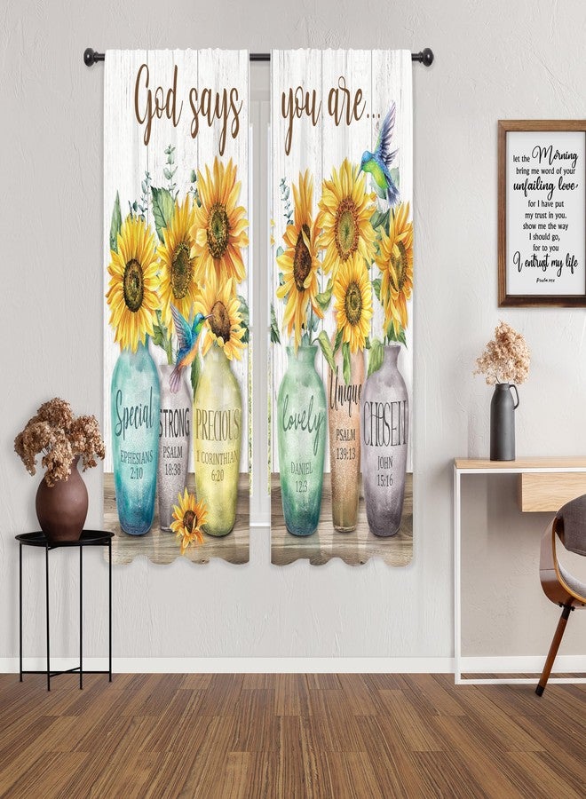 ريديكور ستائر رييديكور بنقشة عباد الشمس وآيات الكتاب المقدس، اقتباسات مسيحية، تصميم ريفي، زهور، جيب للعمود، طائر الطنان، نباتات خشبية، مناسبة لغرف النوم والمعيشة، قماش، قطعتان، 29 بوصة عرض × 63 بوصة ارتفاع - Image 3