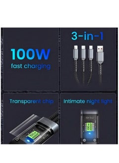 Generic Fast Charging Braided 3 In 1 USB Cable 100W for IOS and Android , wide suitability , with overcharge protection - Black  - Image 4
