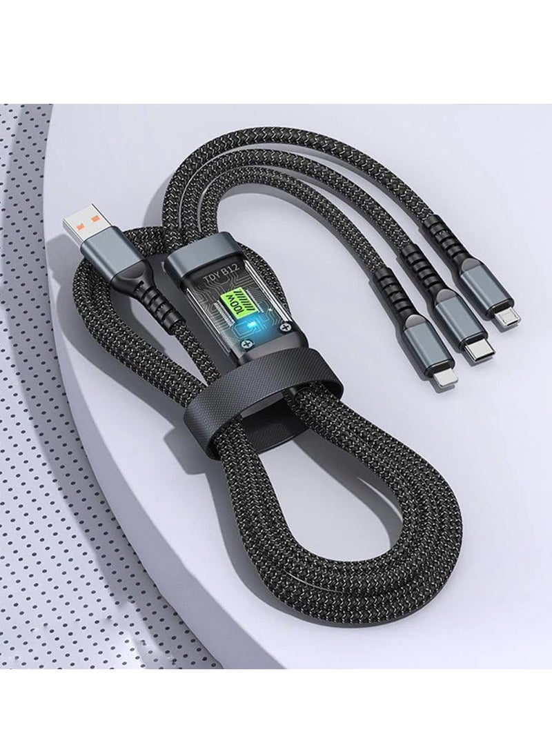 Generic - Fast Charging Braided 3 In 1 USB Cable 100W for IOS and Android , wide suitability , with overcharge protection - Black - Image 1