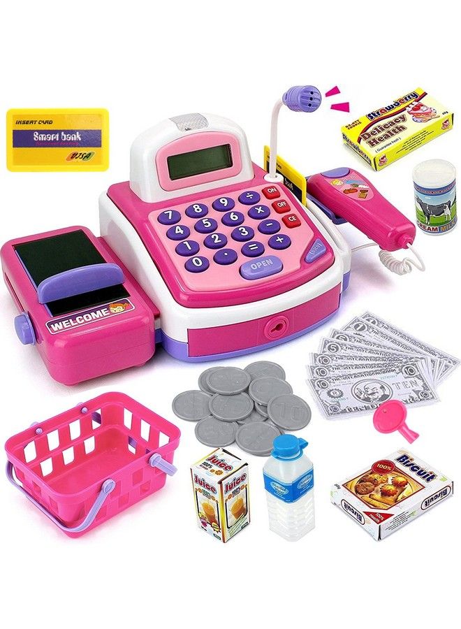 Pretend Play Pink Cash Register Toy Learn & Play Shopping Kids Toys With Electronic Mic Scanner Calculator Play Food Fake Money And Basket