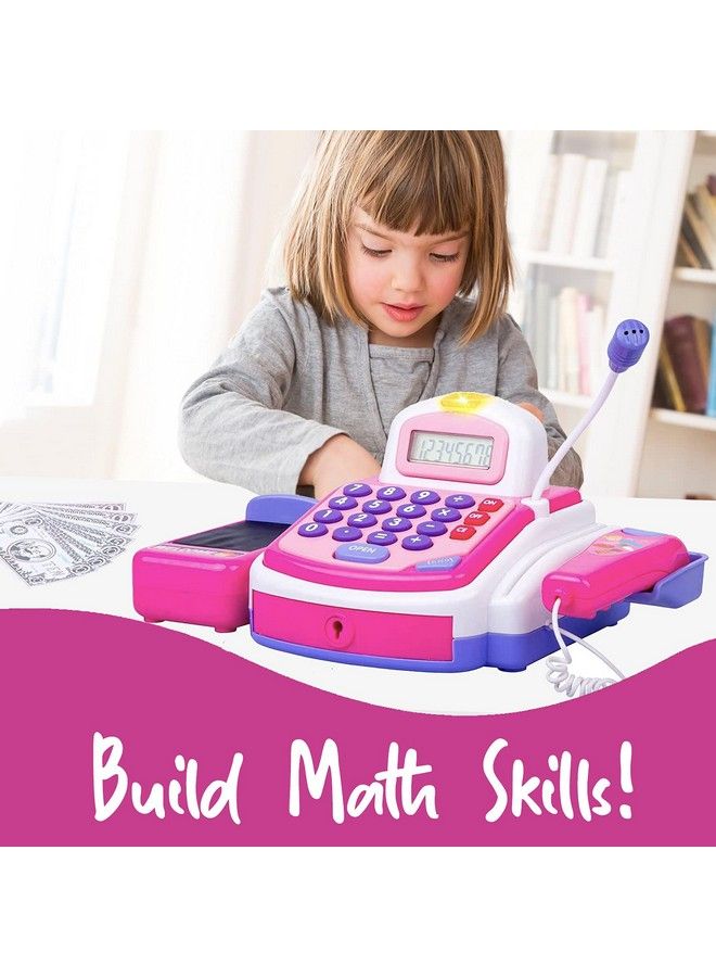 Pretend Play Pink Cash Register Toy Learn & Play Shopping Kids Toys With Electronic Mic Scanner Calculator Play Food Fake Money And Basket