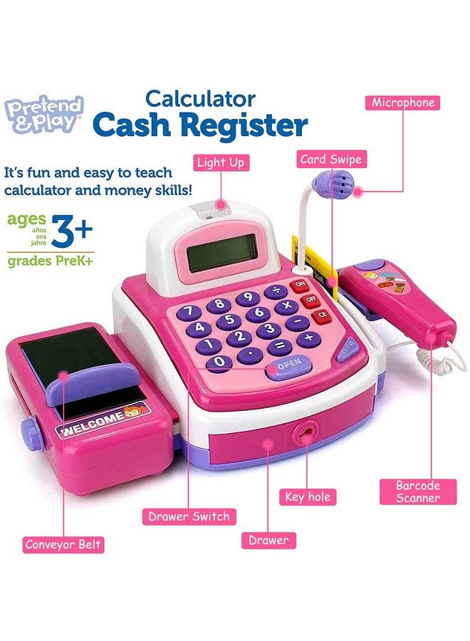 Pretend Play Pink Cash Register Toy Learn & Play Shopping Kids Toys With Electronic Mic Scanner Calculator Play Food Fake Money And Basket