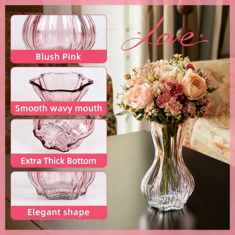 QRF Flower Vase,Glass Vases Set of 2,Blush Clear Pink Vase 8 inch,for Home Decor,Valentains Day Decorations Indoor,Gifts,Wedding,Anniversary,Centerpieces - Image 2