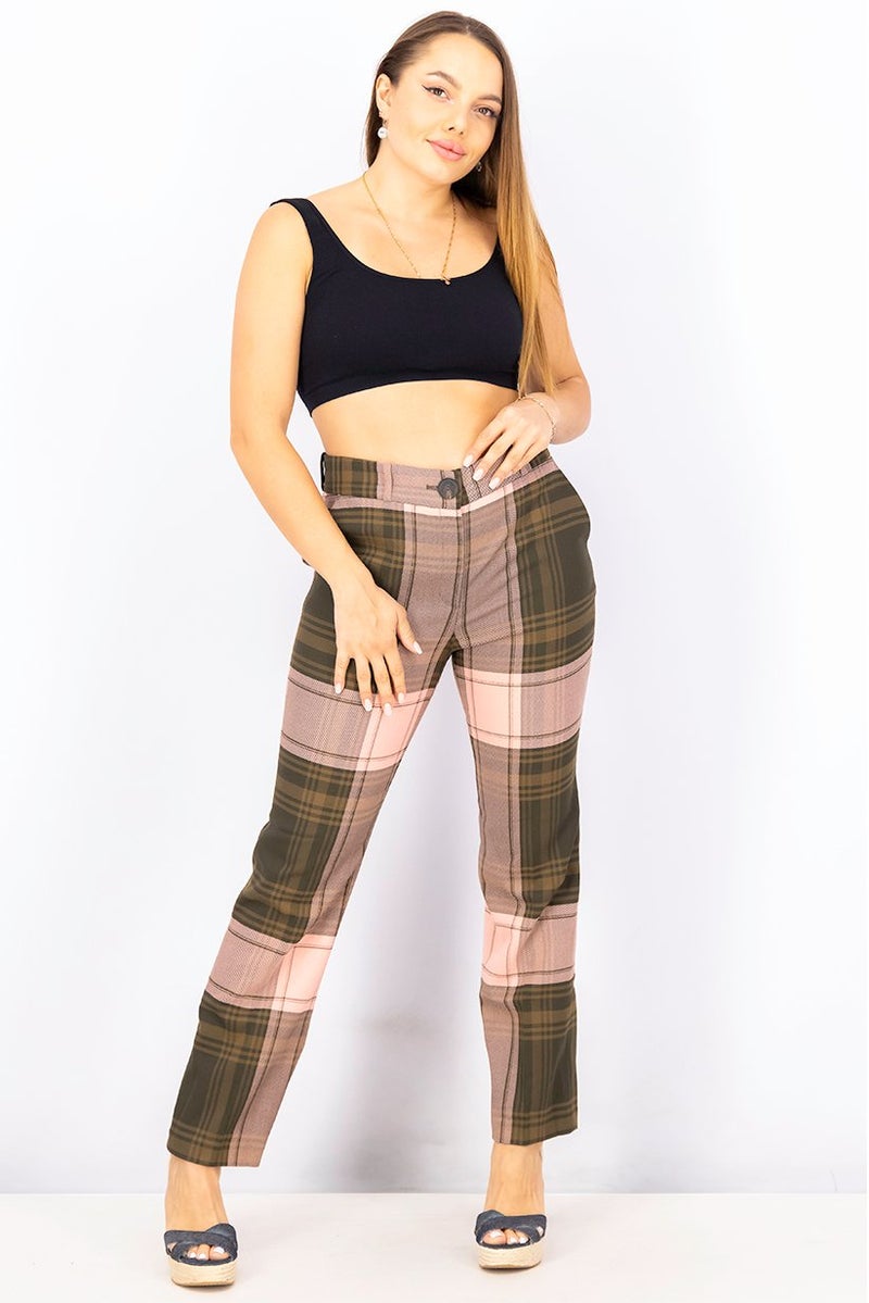 Uterque Women Regular Fit Checkered Pants, Pink and Brown - Image 3