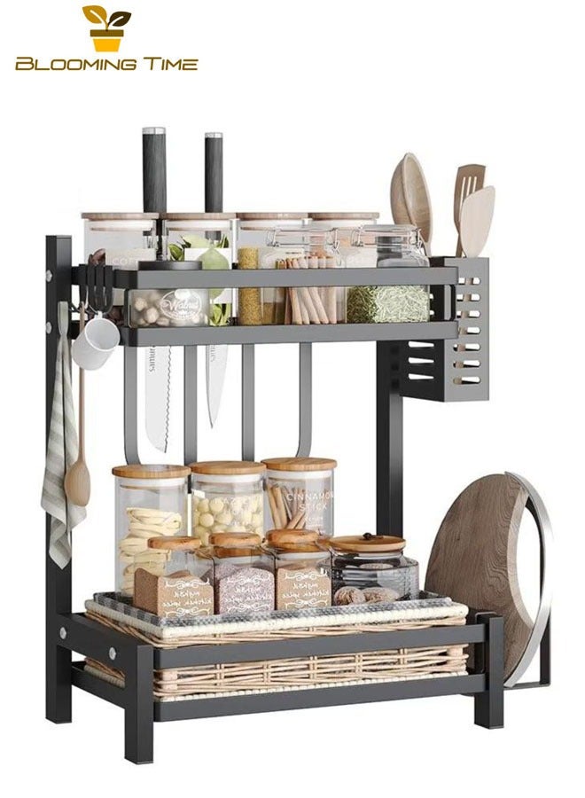 BLOOMING TIME Double-Layer Stainless Steel Kitchen Storage Rack Black, Multi-Function Rack For Household Countertops, Seasoning Storage Rack With Cutting Board Rack, Chopstick Holder Rack  - Image 4