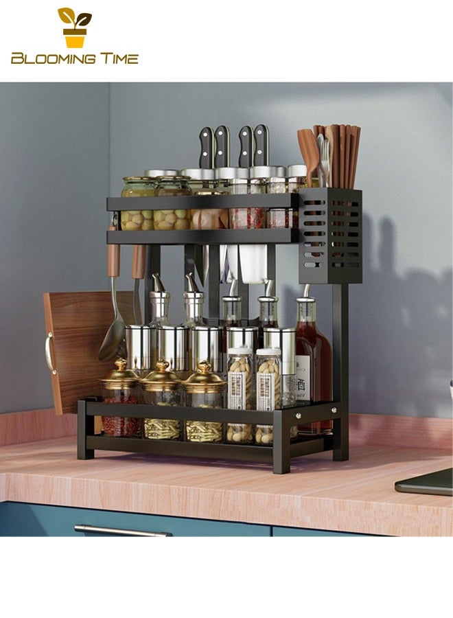 BLOOMING TIME Double-Layer Stainless Steel Kitchen Storage Rack Black, Multi-Function Rack For Household Countertops, Seasoning Storage Rack With Cutting Board Rack, Chopstick Holder Rack  - Image 1