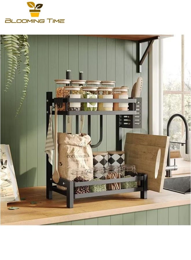BLOOMING TIME Double-Layer Stainless Steel Kitchen Storage Rack Black, Multi-Function Rack For Household Countertops, Seasoning Storage Rack With Cutting Board Rack, Chopstick Holder Rack - Image 1