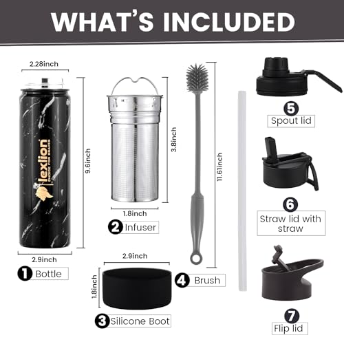 Lexlion Tea Infuser Water Bottle 22 Oz – Triple Wall Insulated Stainless Steel, Loose Leaf & Fruit Strainer, 3 Leakproof Lids, BPA-Free Silicone Sleeve, Reusable Thermal Mug - Image 2