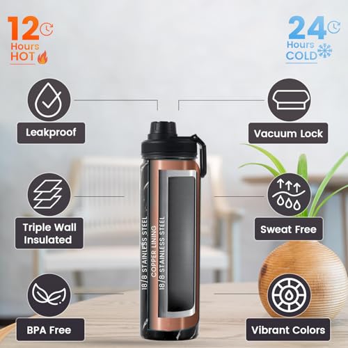Lexlion Tea Infuser Water Bottle 22 Oz – Triple Wall Insulated Stainless Steel, Loose Leaf & Fruit Strainer, 3 Leakproof Lids, BPA-Free Silicone Sleeve, Reusable Thermal Mug - Image 3