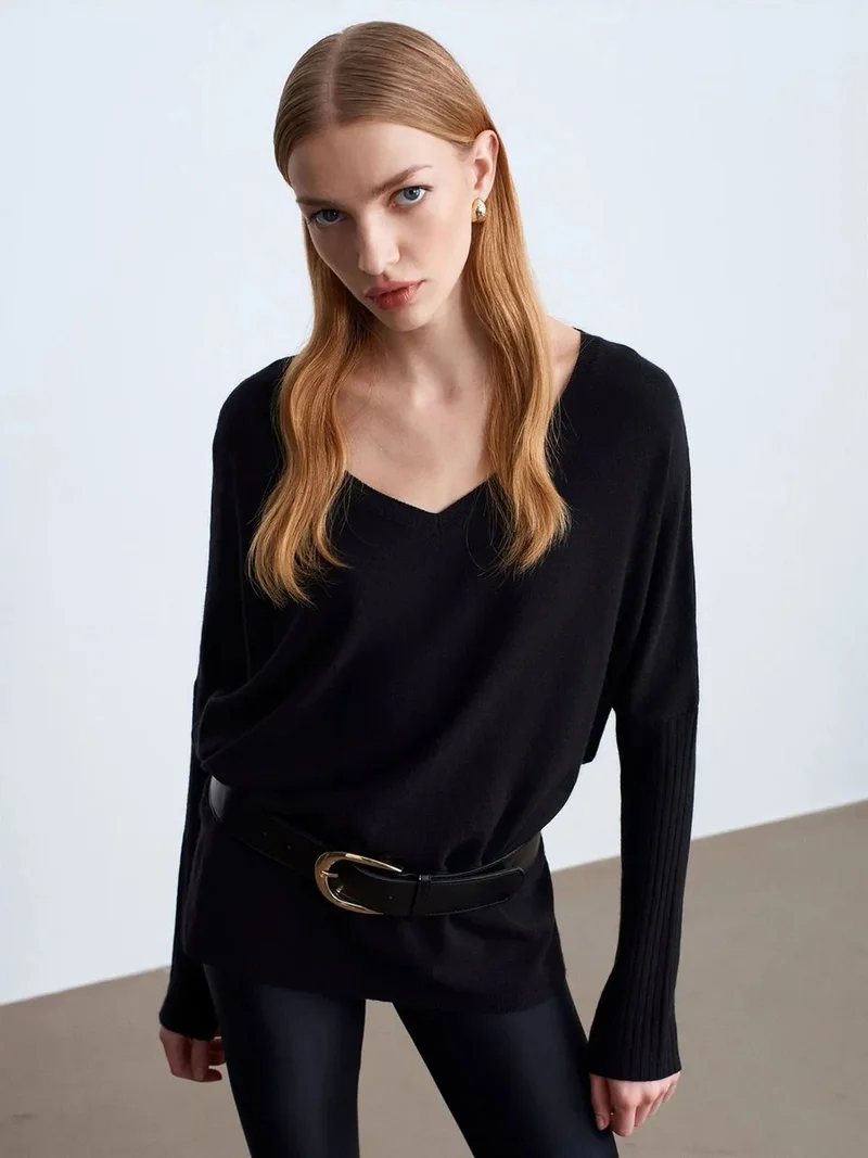 ديلفين Dilvin Women's V-neck Ribbed Knit Sweater