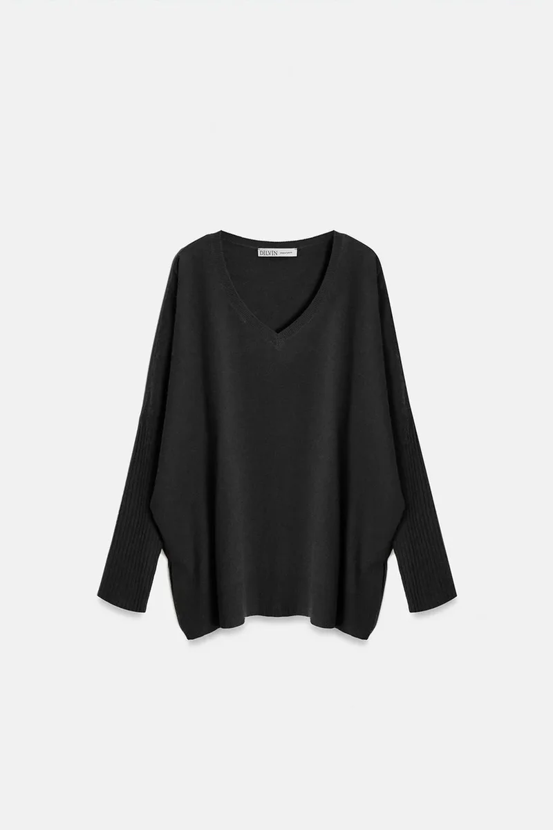 Dilvin Black DILVIN Women's V-neck Ribbed Knit Sweater for Women | Best Price UAE