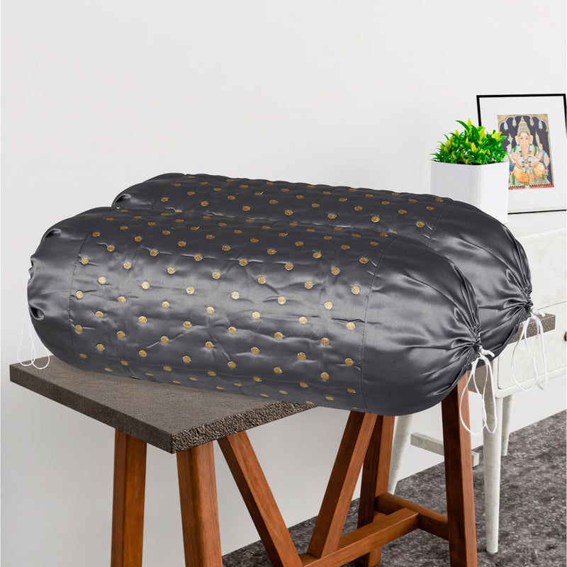 Kuber Industries 2 Pcs Aesthetic Bolster/Side Pillow Cover with Dori for Sofa & Diwan | Washable Cylindrical Takiya & Round Pillow Cover for Home Decoration | Polka Dot - Grey - Image 2