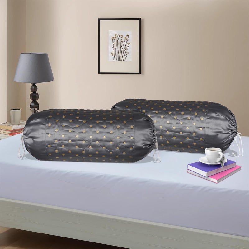 Kuber Industries 2 Pcs Aesthetic Bolster/Side Pillow Cover with Dori for Sofa & Diwan | Washable Cylindrical Takiya & Round Pillow Cover for Home Decoration | Polka Dot - Grey - Image 1