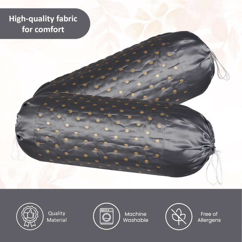 Kuber Industries 2 Pcs Aesthetic Bolster/Side Pillow Cover with Dori for Sofa & Diwan | Washable Cylindrical Takiya & Round Pillow Cover for Home Decoration | Polka Dot - Grey - Image 4