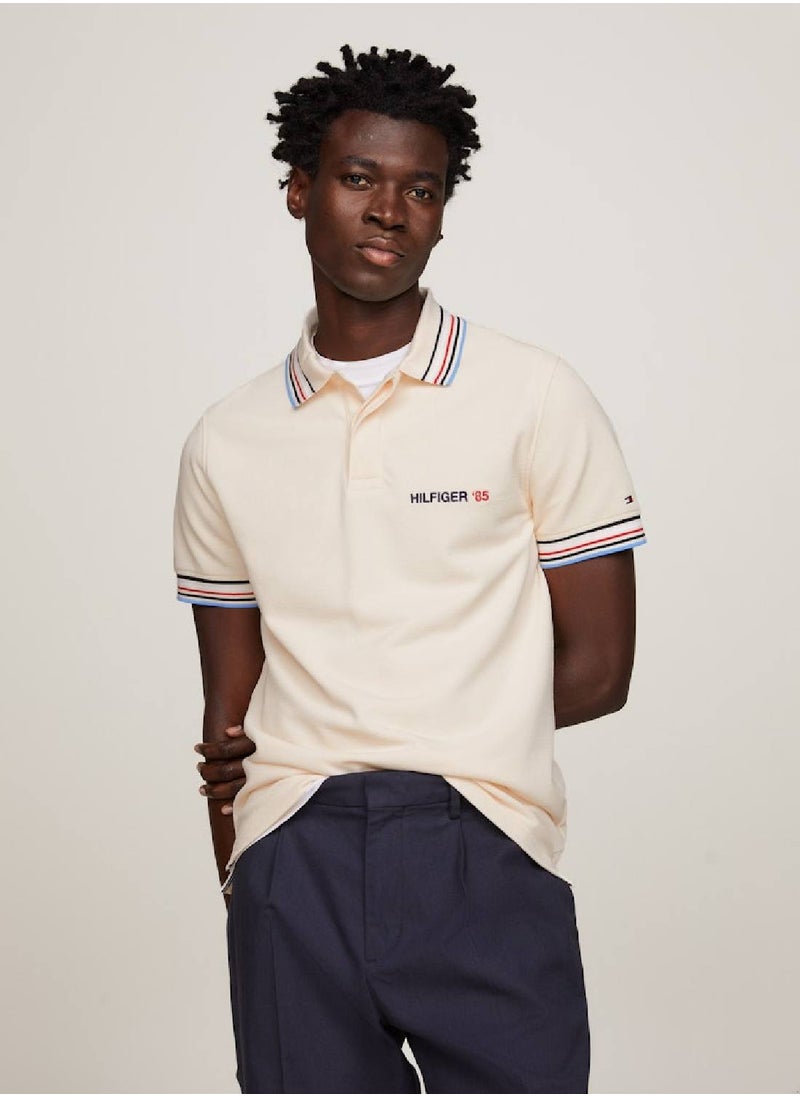 TOMMY HILFIGER Men's Global Stripe Regular Fit Polo - Viscose, Beige  - Image 1