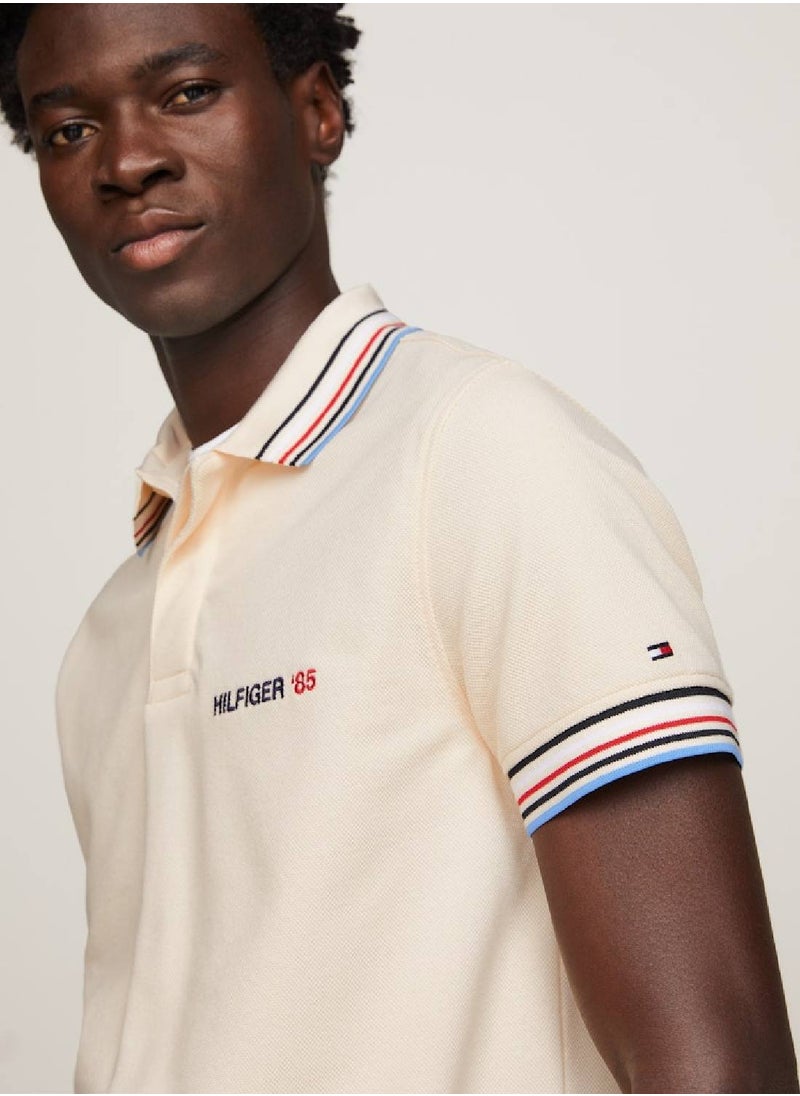 TOMMY HILFIGER Men's Global Stripe Regular Fit Polo - Viscose, Beige  - Image 3