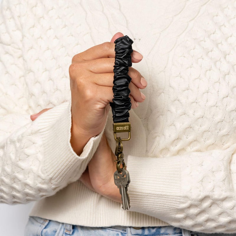 ANDI Wristlet Keychain for Women, Scrunchie Bracelet Key Ring With Clip Closure, Stretchy & Comfortable Wrist Lanyard, Key Chain For Car Keys, ID Cards(Black Leather) - Image 2