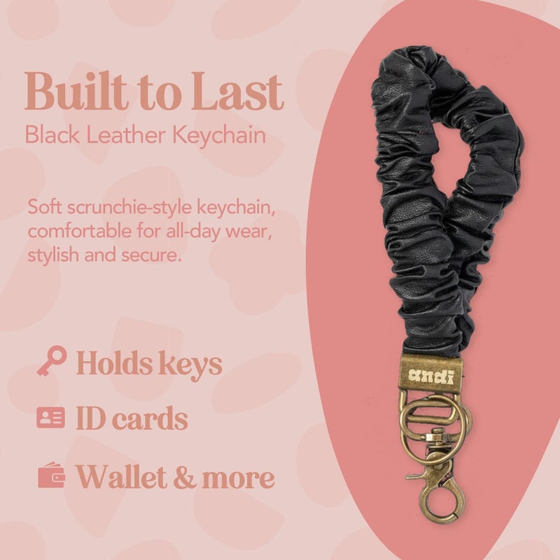 ANDI Wristlet Keychain for Women, Scrunchie Bracelet Key Ring With Clip Closure, Stretchy & Comfortable Wrist Lanyard, Key Chain For Car Keys, ID Cards(Black Leather) - Image 3