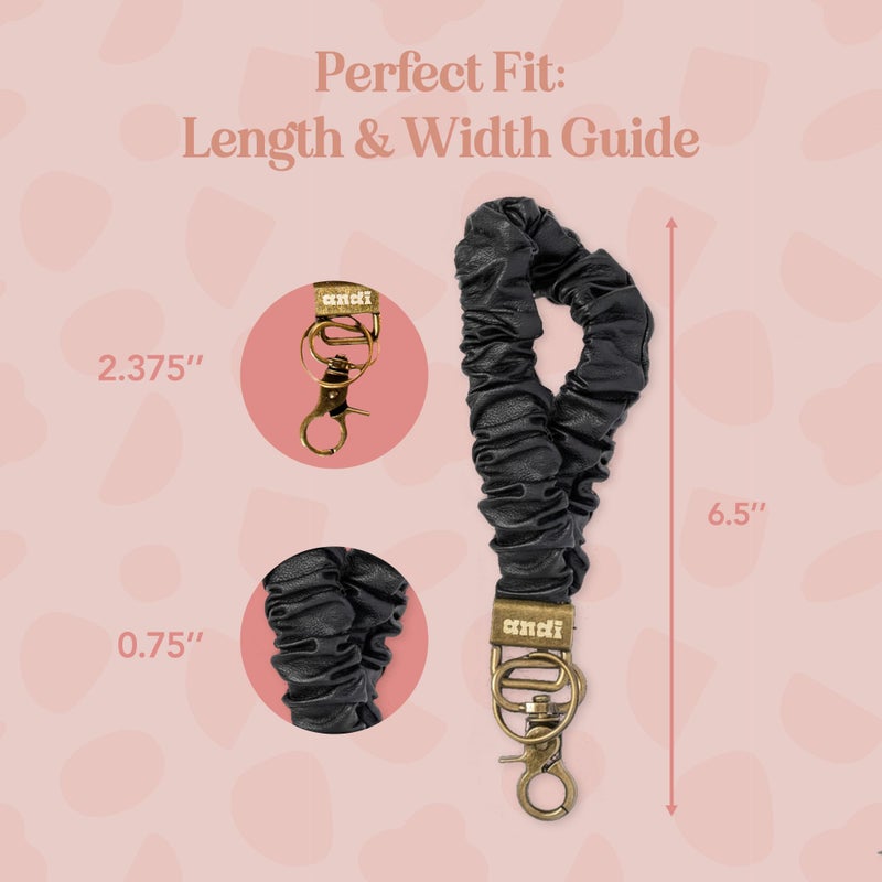 ANDI Wristlet Keychain for Women, Scrunchie Bracelet Key Ring With Clip Closure, Stretchy & Comfortable Wrist Lanyard, Key Chain For Car Keys, ID Cards(Black Leather) - Image 4