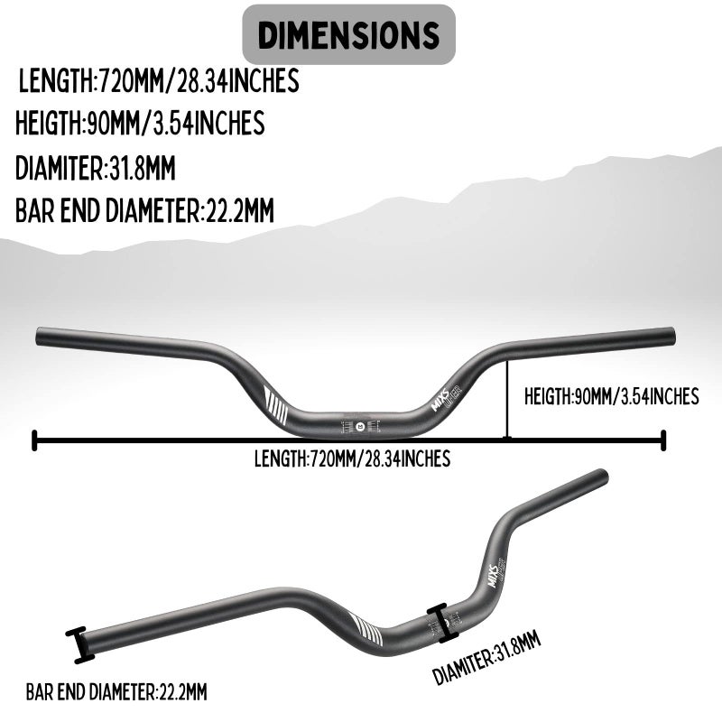 Mixsuper Mountain Bike High Riser Handlebar 31.8mm Length 720mm Rise 90mm Aluminium Alloy MTB Handlebar Black - Image 3