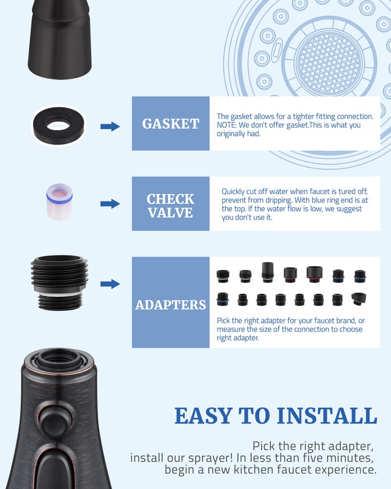 PerPaiMe Kitchen Faucet Replacement Spray Head - with 15 Adapters, Pull Down Faucet Sprayer with 3-Function Nozzle, Oil-Rubbed Bronze, Kitchen Sink Faucet Head Replacement - Image 2