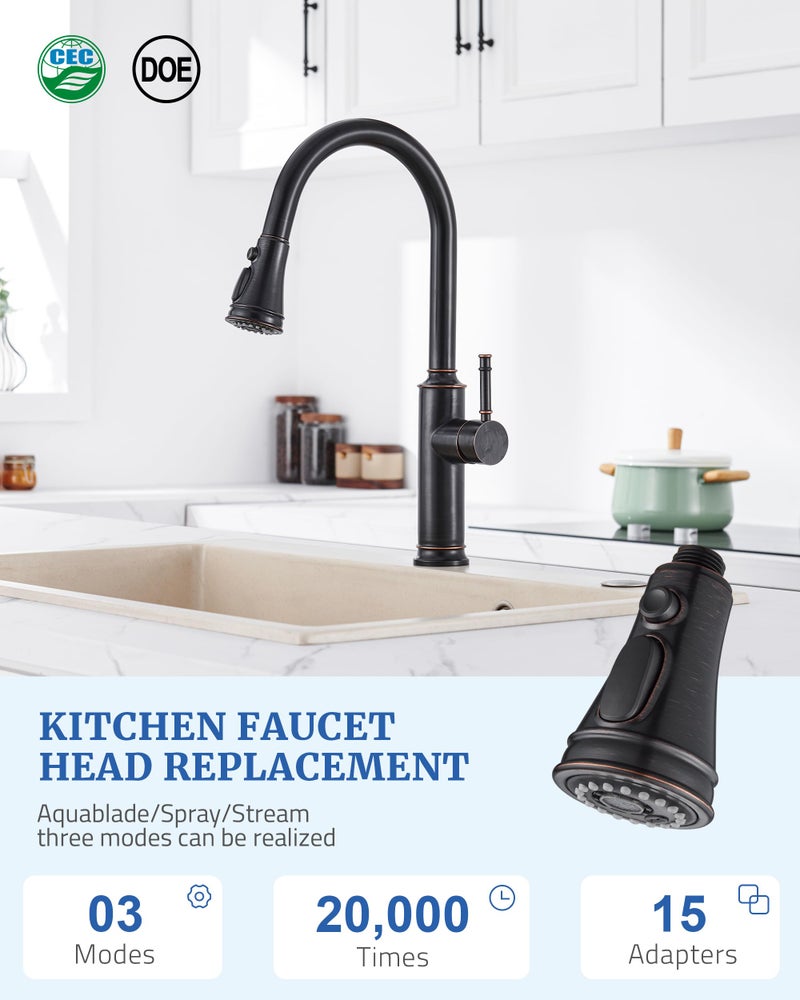 PerPaiMe Kitchen Faucet Replacement Spray Head - with 15 Adapters, Pull Down Faucet Sprayer with 3-Function Nozzle, Oil-Rubbed Bronze, Kitchen Sink Faucet Head Replacement - Image 4