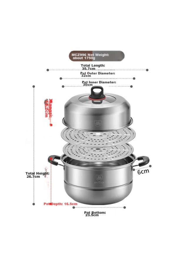 MAX COOK Maxcook Stainless Steel Steamer 32cm Two-layer Steamer Soup Pot With Thickened Bottom High Lid Suitable For Gas And Induction Cooker Mcz996 - Image 1