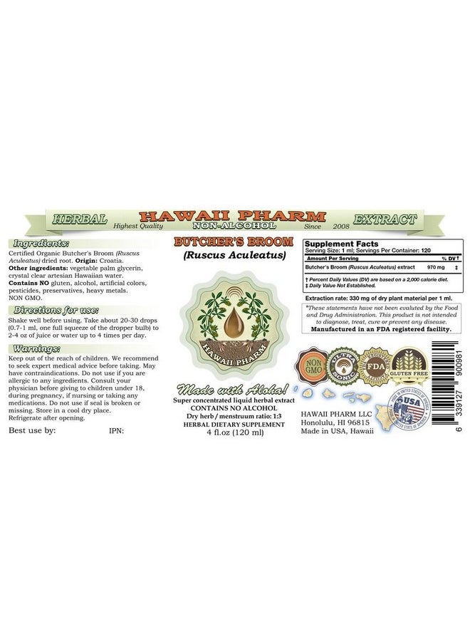 HawaiiPharm - Butcher Broom Alcoholfree Liquid Extract Organic Butcher Broom Ruscus Aculeatus Dried Root Glycerite Hawaii Pharm Natural Herbal Supplement 2 Oz - Image 1