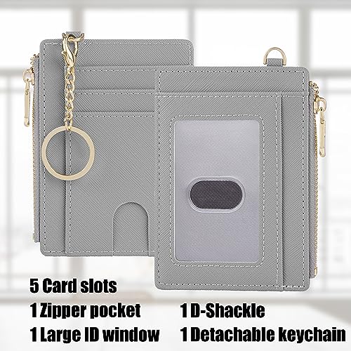 Suweibuke Slim Pocket Wallet, RFID Blocking Credit Card Holder Wallet with D-Shackle ID Window and Detachable keychain for Women (A-Grey) - Image 2