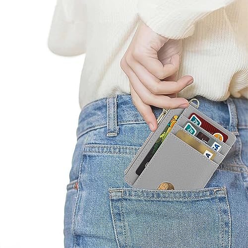 Suweibuke Slim Pocket Wallet, RFID Blocking Credit Card Holder Wallet with D-Shackle ID Window and Detachable keychain for Women (A-Grey) - Image 4