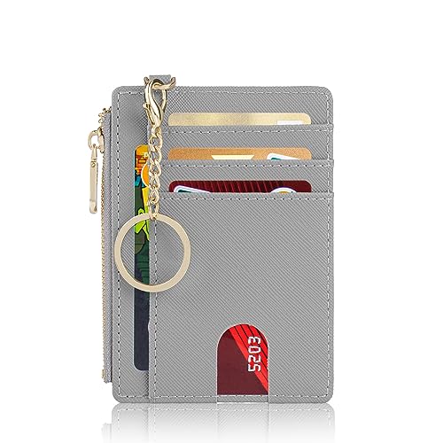 Suweibuke Slim Pocket Wallet, RFID Blocking Credit Card Holder Wallet with D-Shackle ID Window and Detachable keychain for Women (A-Grey) - Image 1