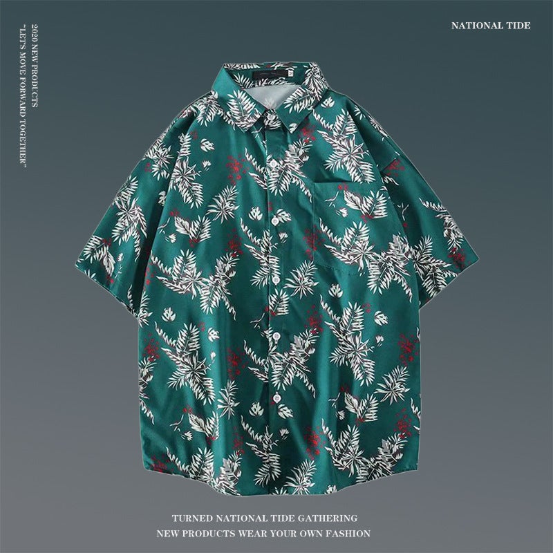 Japanese Style Ins Hong Kong Style Summer Short-Sleeved Floral Shirt Men'S Retro Loose Shirt For Hawaiian Beach Couples Women'S Loose Shirt - Image 1
