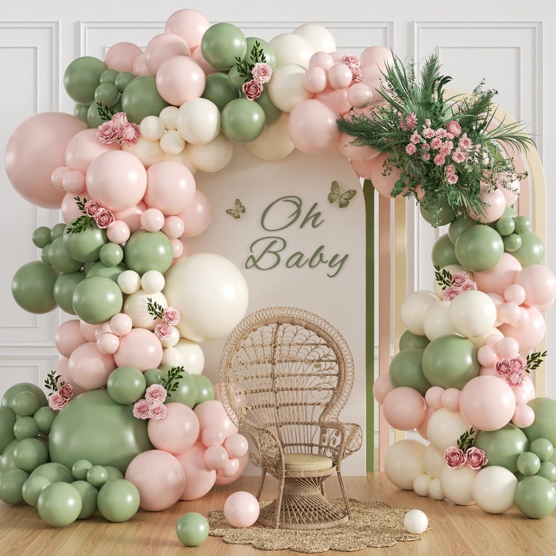 Leraqertra Pink and Green Balloon Arch Kit with Sand White Sage Green and Pink Balloons for Boho Baby in Bloom Baby Bridal Shower Gender Reveal Birthday Party Decorations - Image 1