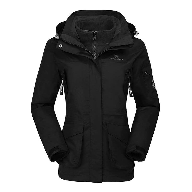 CAMEL CROWN Womens Waterproof Ski Jacket 3in1 Windbreaker Winter Coat Fleece Inner for Rain Snow Outdoor HikingBlackSize M