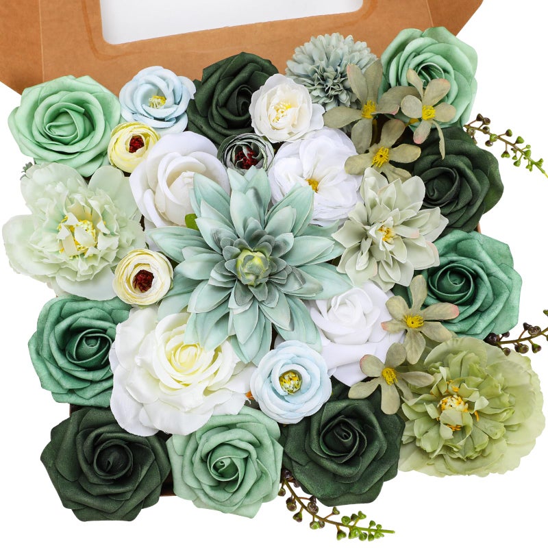 Senseya Artificial Flowers Combo Set, Green Silk Roses, Peonies, Dahlias with Stems for DIY Wedding Bouquets, Baby Shower, Table Centerpieces, Home Decor, Fake Floral Arrangements, Party Decorations - Image 1
