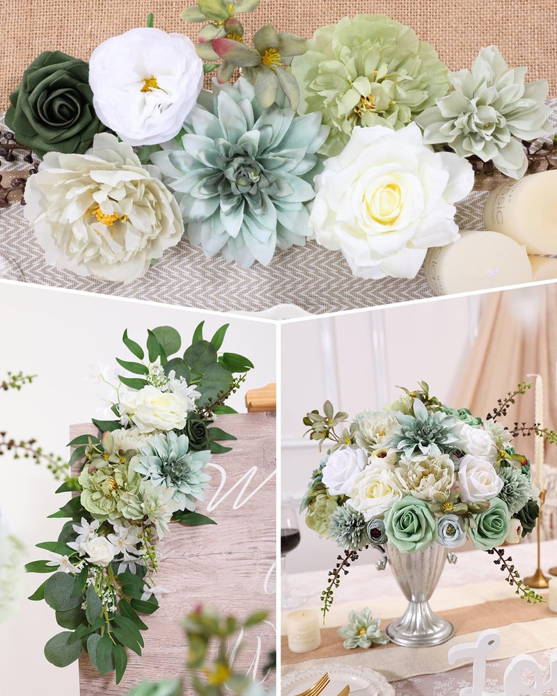 Senseya Artificial Flowers Combo Set, Green Silk Roses, Peonies, Dahlias with Stems for DIY Wedding Bouquets, Baby Shower, Table Centerpieces, Home Decor, Fake Floral Arrangements, Party Decorations - Image 3